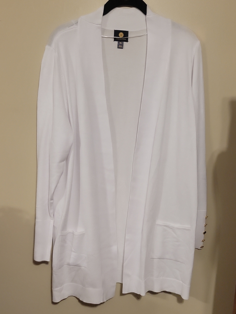 JM Collection White Open-Front Cardigan with Gold Button Detail